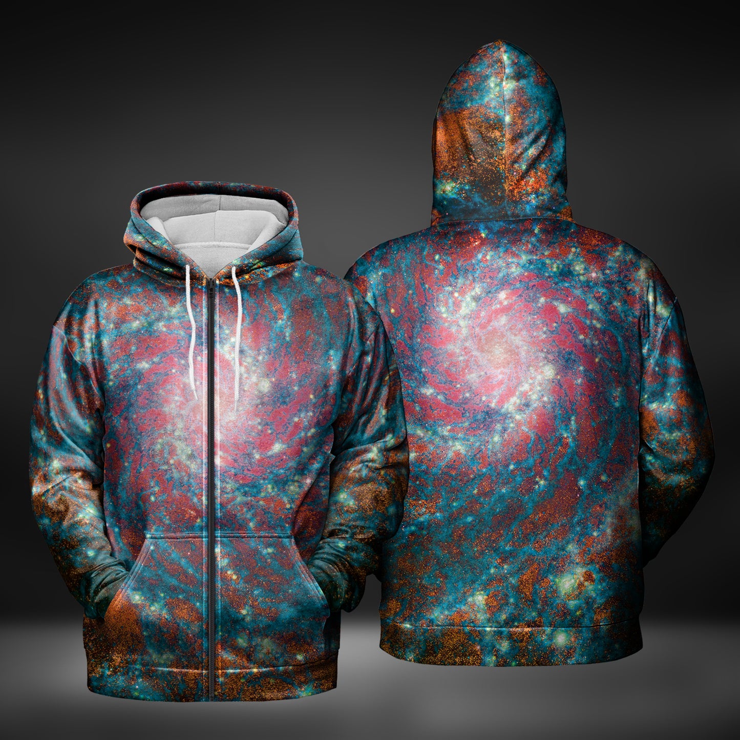 JWST Phantom Galaxy Cosmic Tye Dye Zip-Up Hoodie (Blue-Orange)