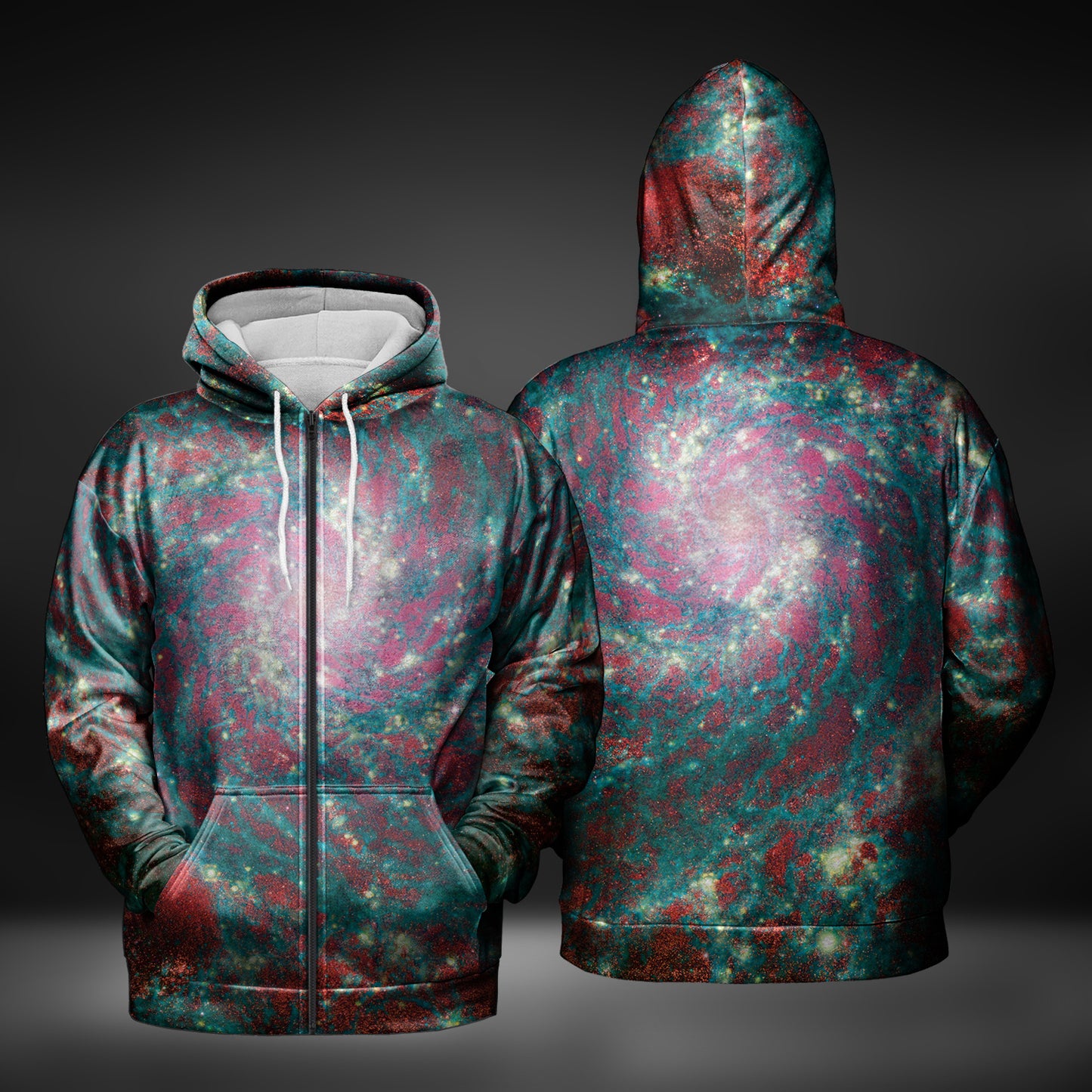 JWST Phantom Galaxy Cosmic Tye Dye Zip-Up Hoodie (Blue-Red)