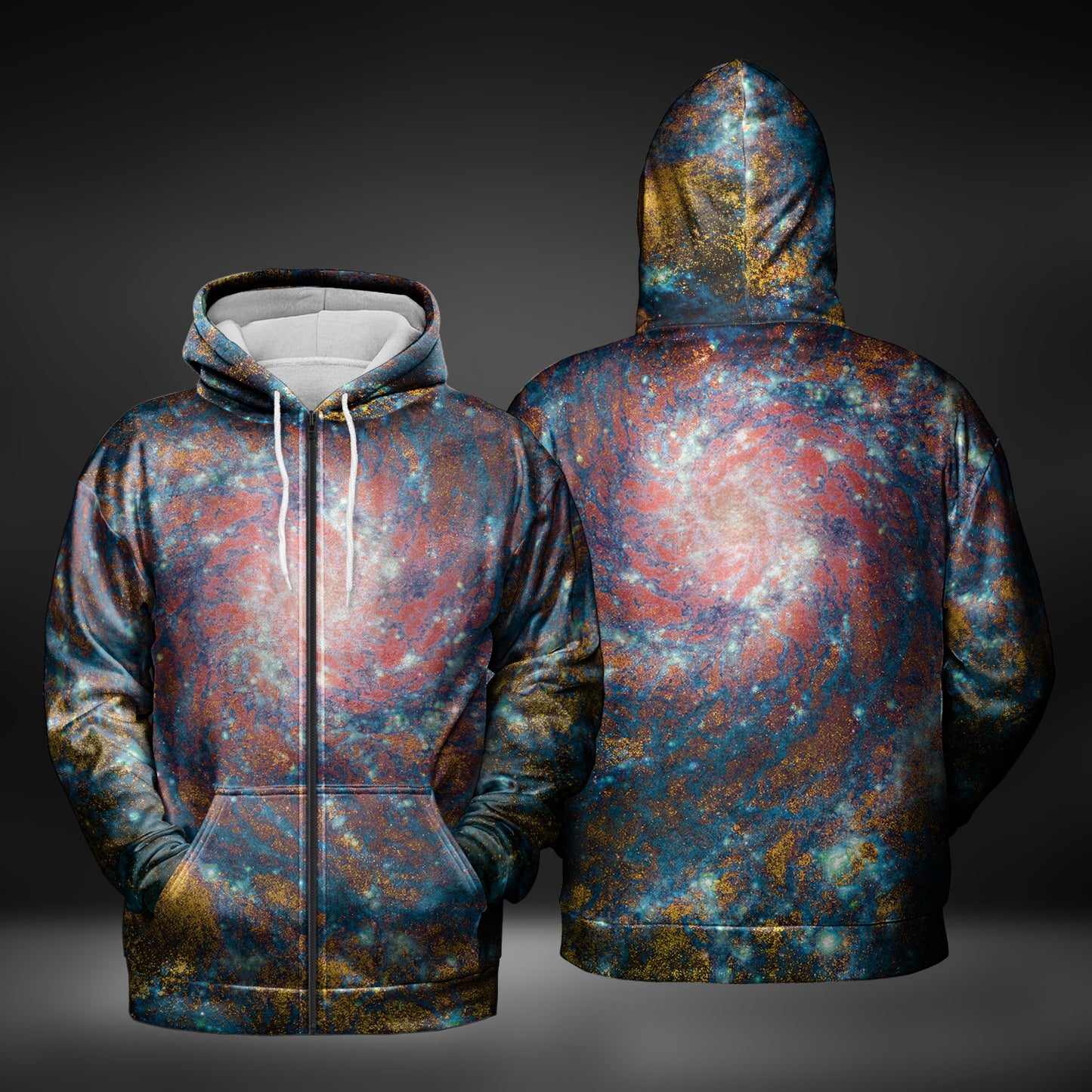 JWST Phantom Galaxy Cosmic Tye Dye Zip-Up Hoodie (Blue-Yellow)