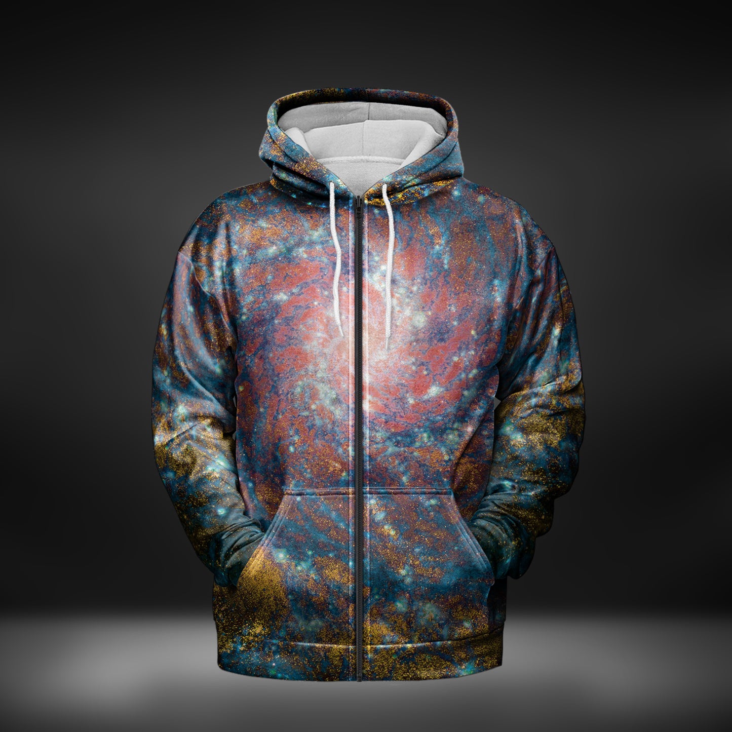 JWST Phantom Galaxy Cosmic Tye Dye Zip-Up Hoodie (Blue-Yellow)