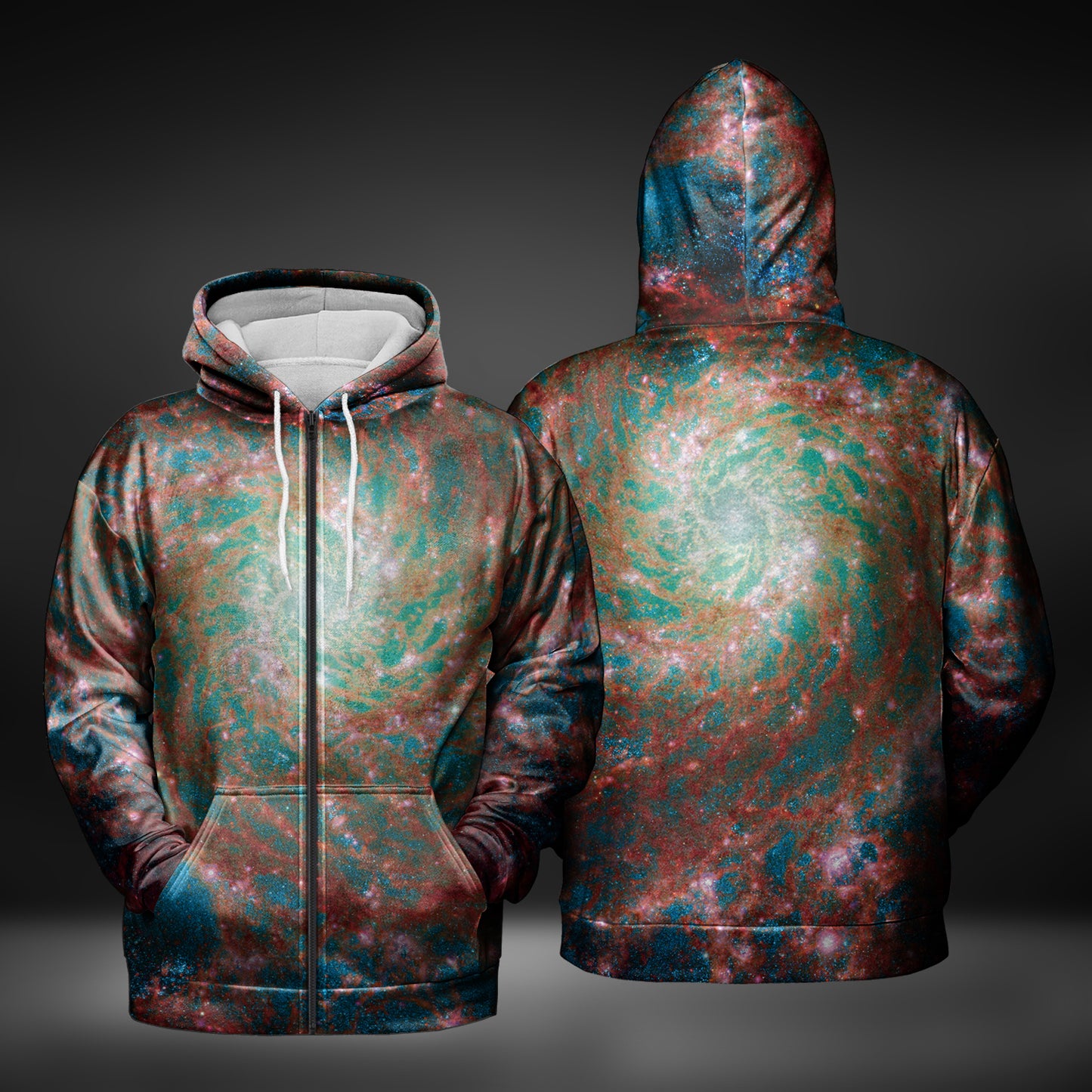 JWST Phantom Galaxy Cosmic Tye Dye Zip-Up Hoodie (Red-Blue)