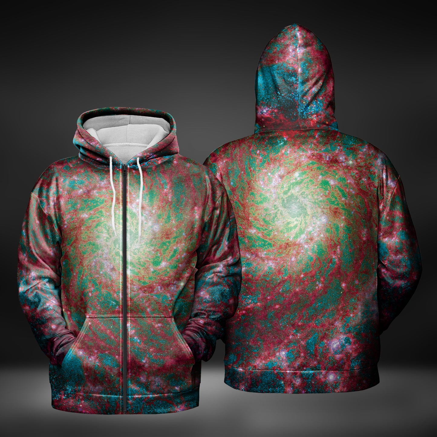 JWST Phantom Galaxy Cosmic Tye Dye Zip-Up Hoodie (Rose-Cyan)