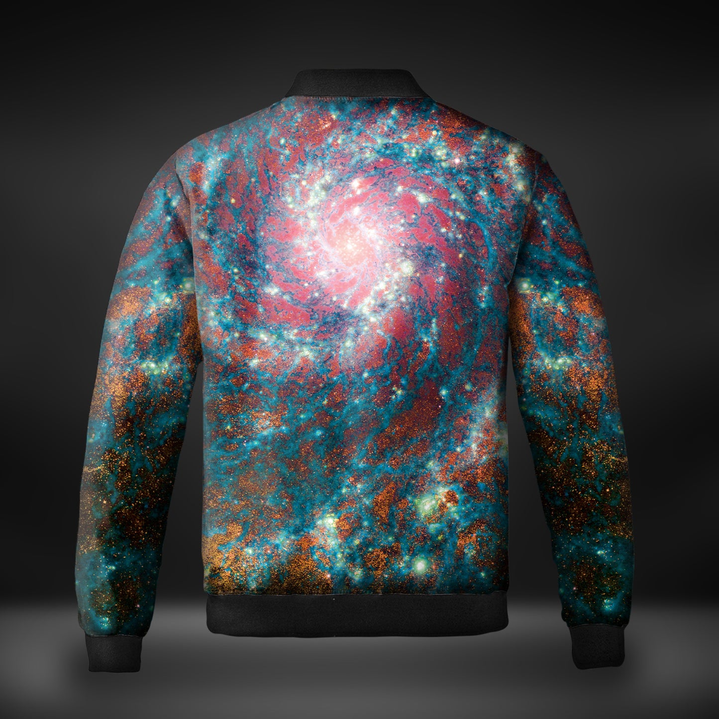 JWST Phantom Galaxy Cosmic Tye Dye Quilted Bomber Jacket (Blue-Orange)