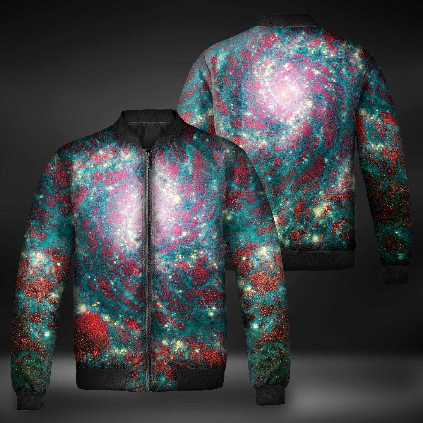 JWST Phantom Galaxy Cosmic Tye Dye Quilted Bomber Jacket (Blue-Red)