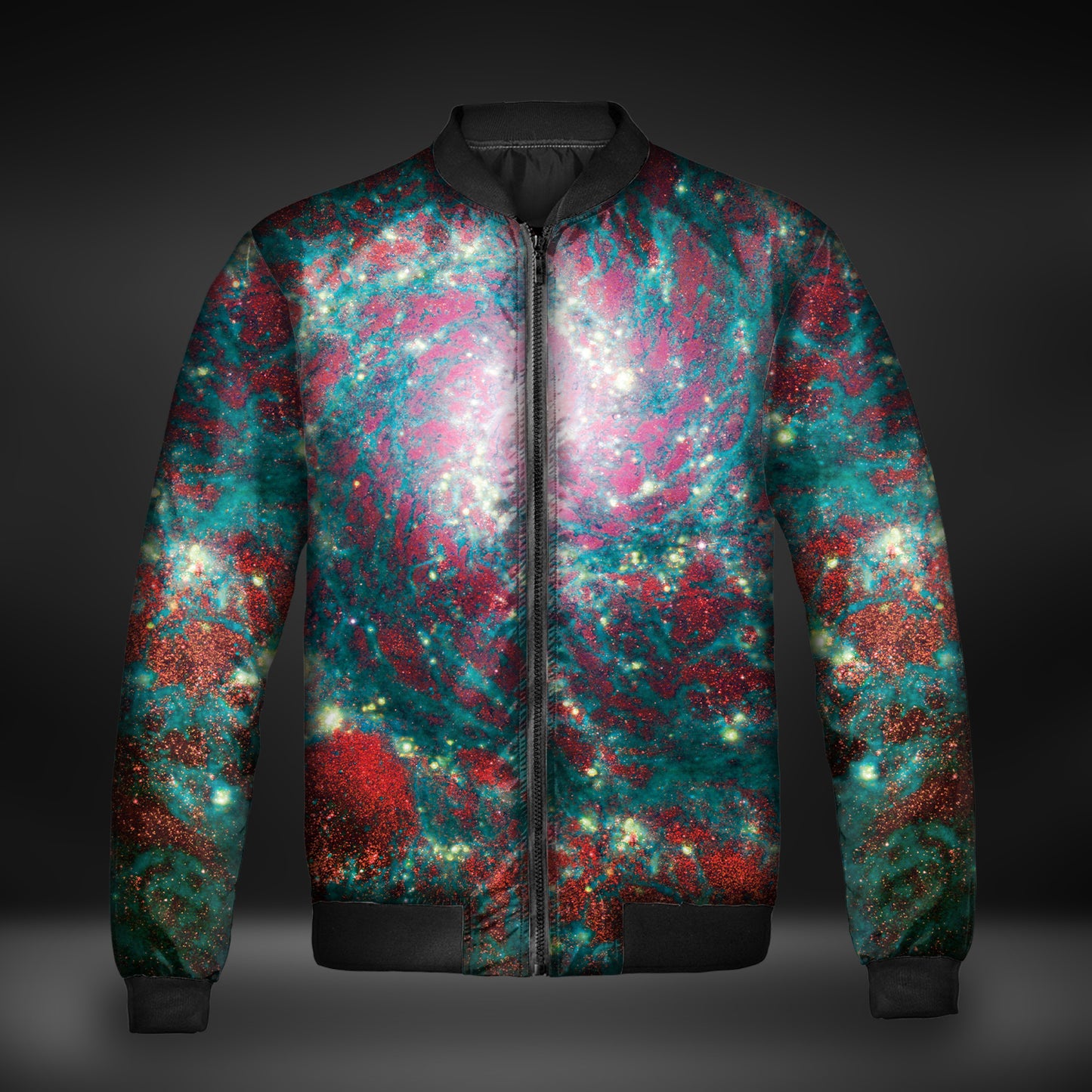 JWST Phantom Galaxy Cosmic Tye Dye Quilted Bomber Jacket (Blue-Red)