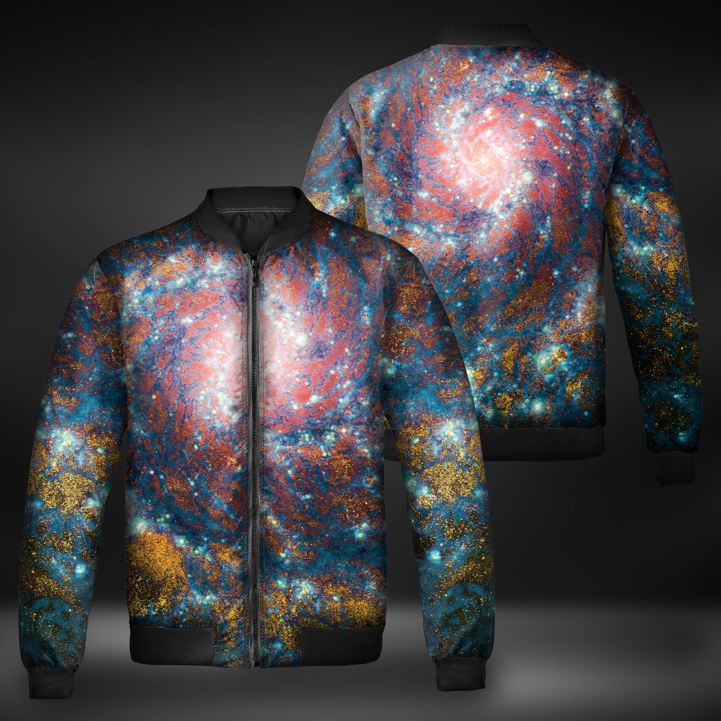 JWST Phantom Galaxy Cosmic Tye Dye Quilted Bomber Jacket (Blue-Yellow)