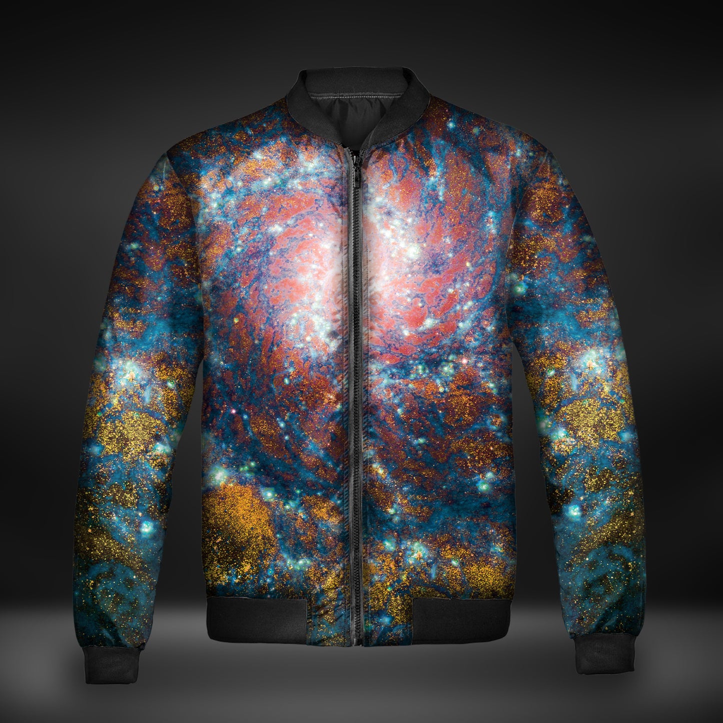 JWST Phantom Galaxy Cosmic Tye Dye Quilted Bomber Jacket (Blue-Yellow)