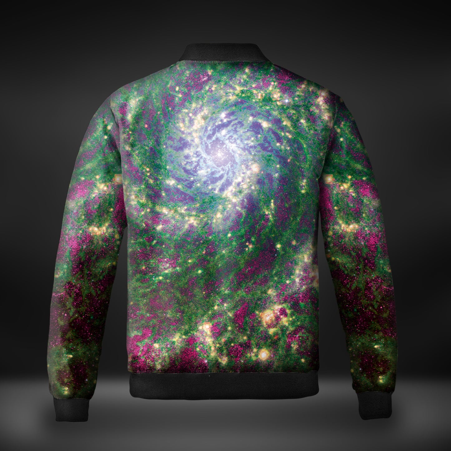 JWST Phantom Galaxy Cosmic Tye Dye Quilted Bomber Jacket (Green-Magenta)