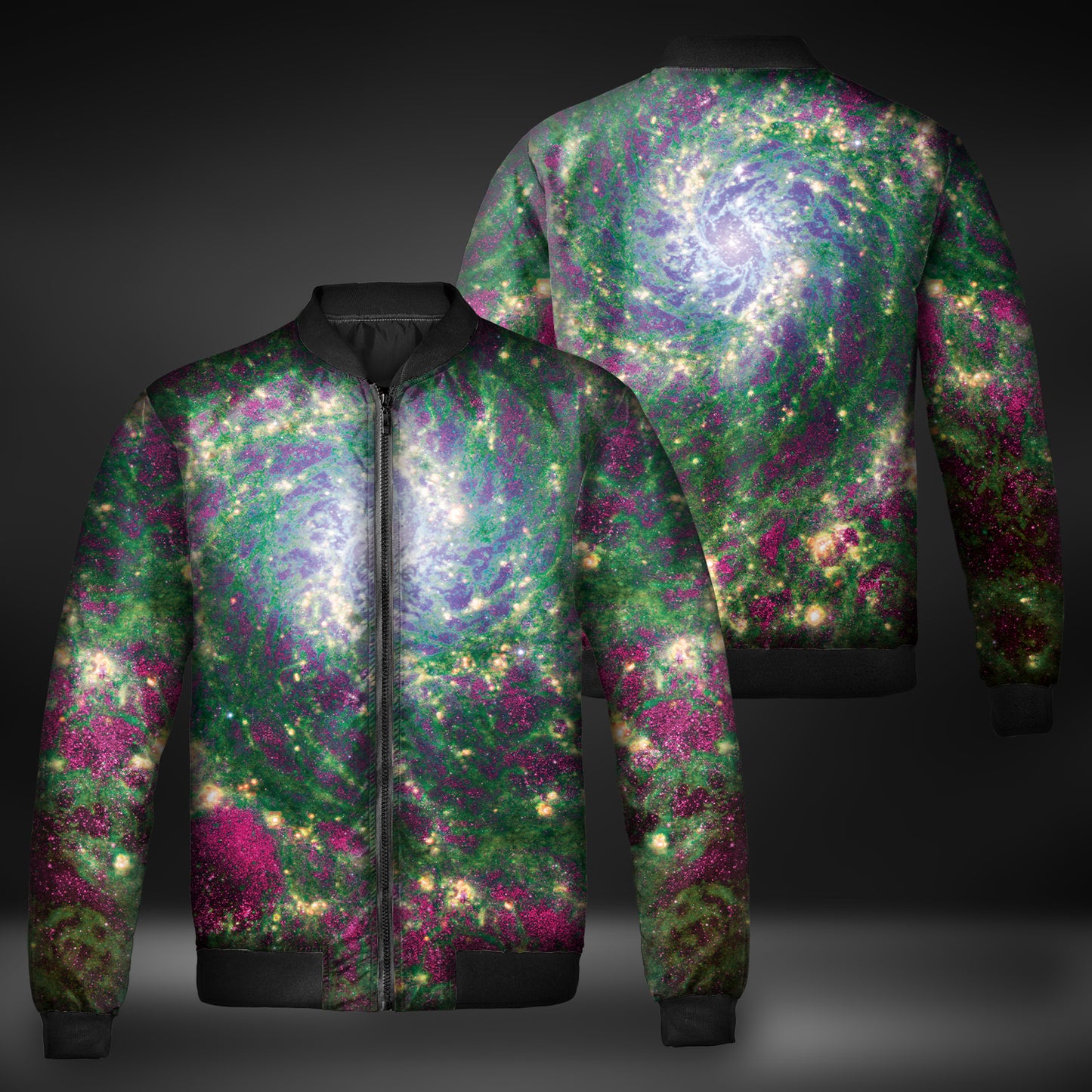 JWST Phantom Galaxy Cosmic Tye Dye Windbreaker Bomber Jacket (Green-Magenta)