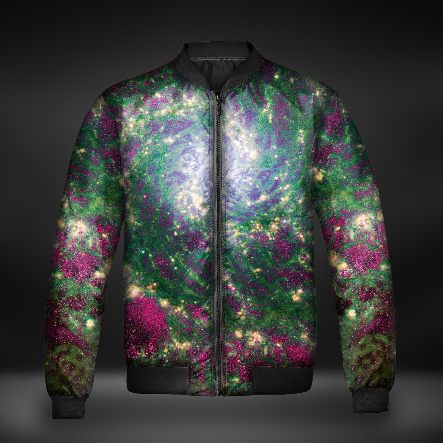 JWST Phantom Galaxy Cosmic Tye Dye Quilted Bomber Jacket (Green-Magenta)