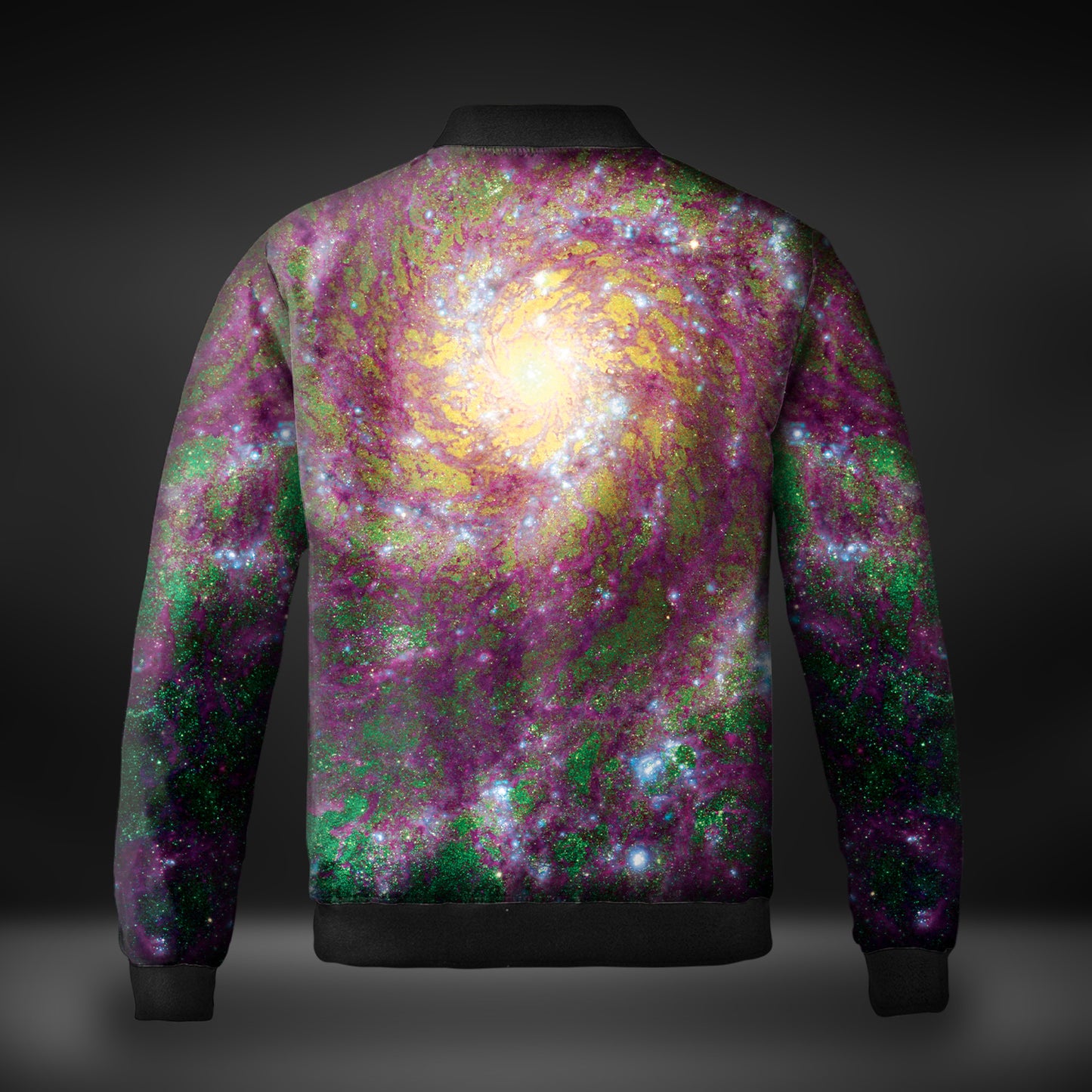 JWST Phantom Galaxy Cosmic Tye Dye Quilted Bomber Jacket (Purple-Green)