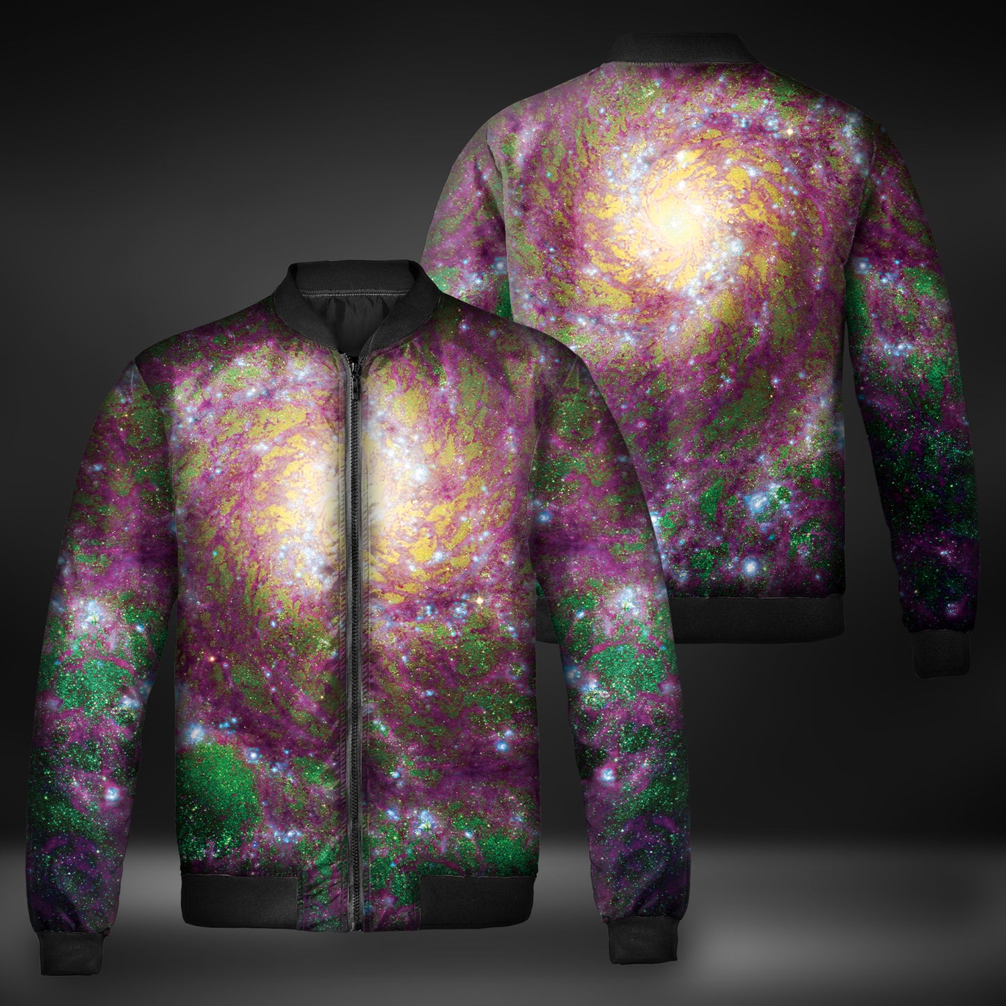 JWST Phantom Galaxy Cosmic Tye Dye Quilted Bomber Jacket (Purple-Green)