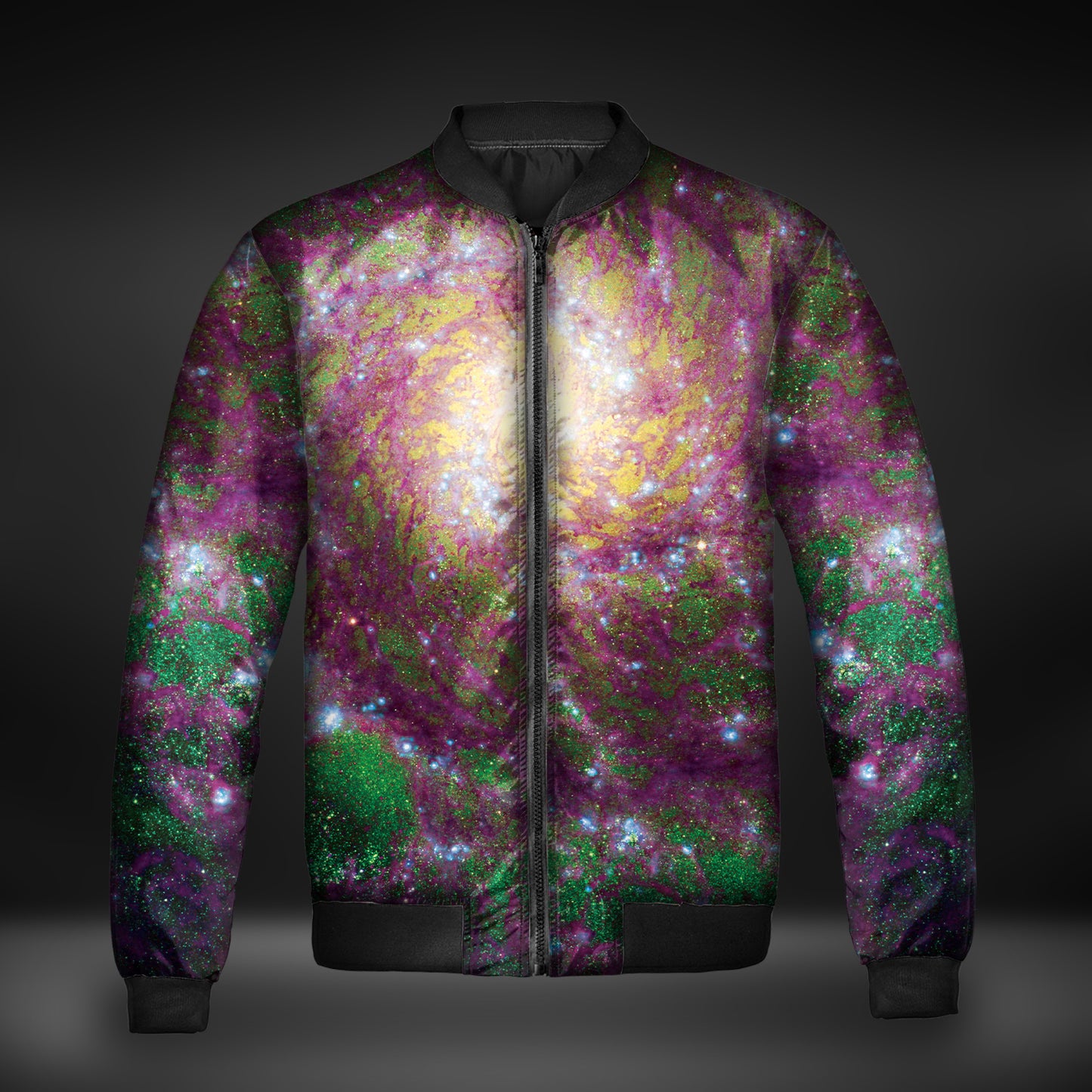 JWST Phantom Galaxy Cosmic Tye Dye Windbreaker Bomber Jacket (Magenta-Green)