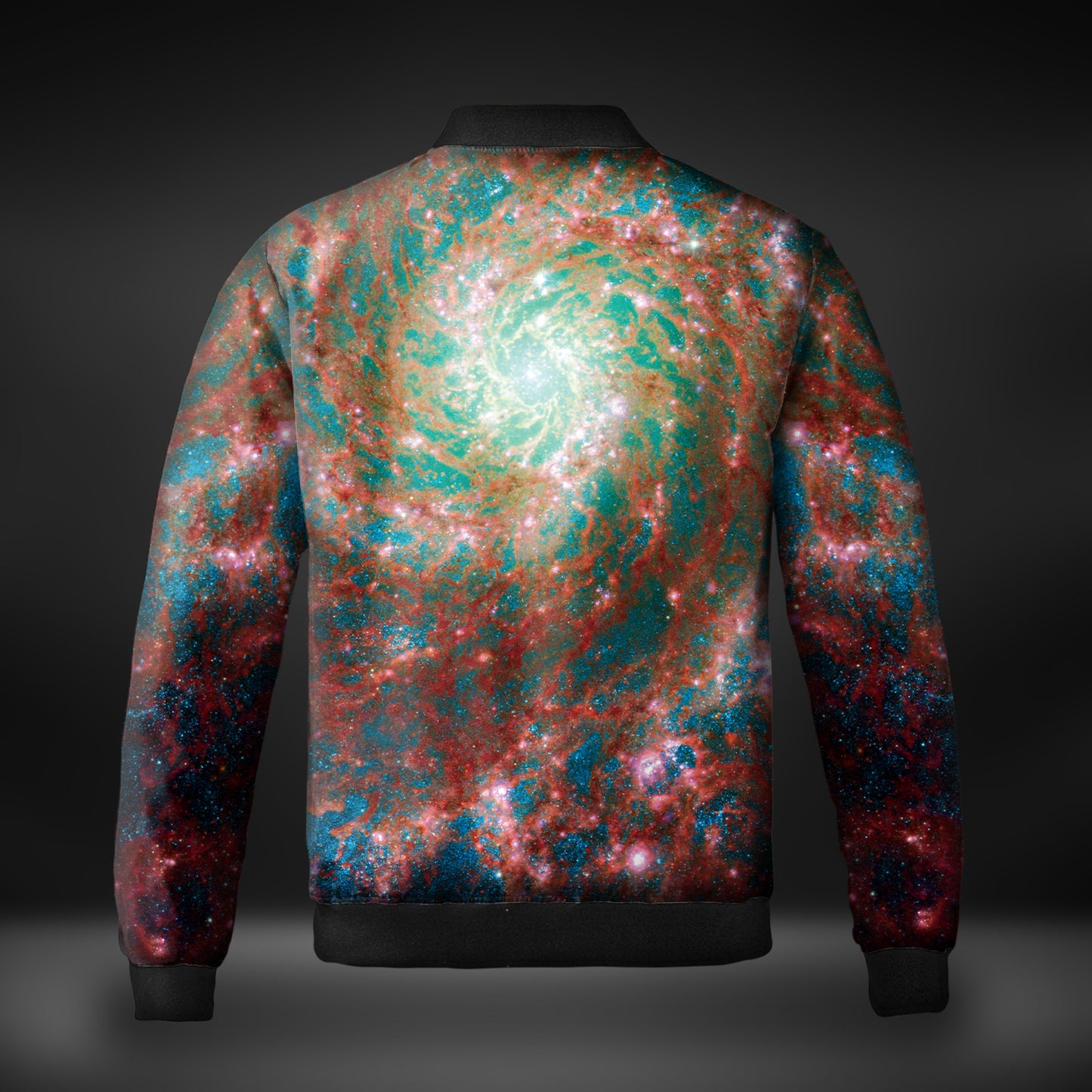 JWST Phantom Galaxy Cosmic Tye Dye Quilted Bomber Jacket (Red-Blue)