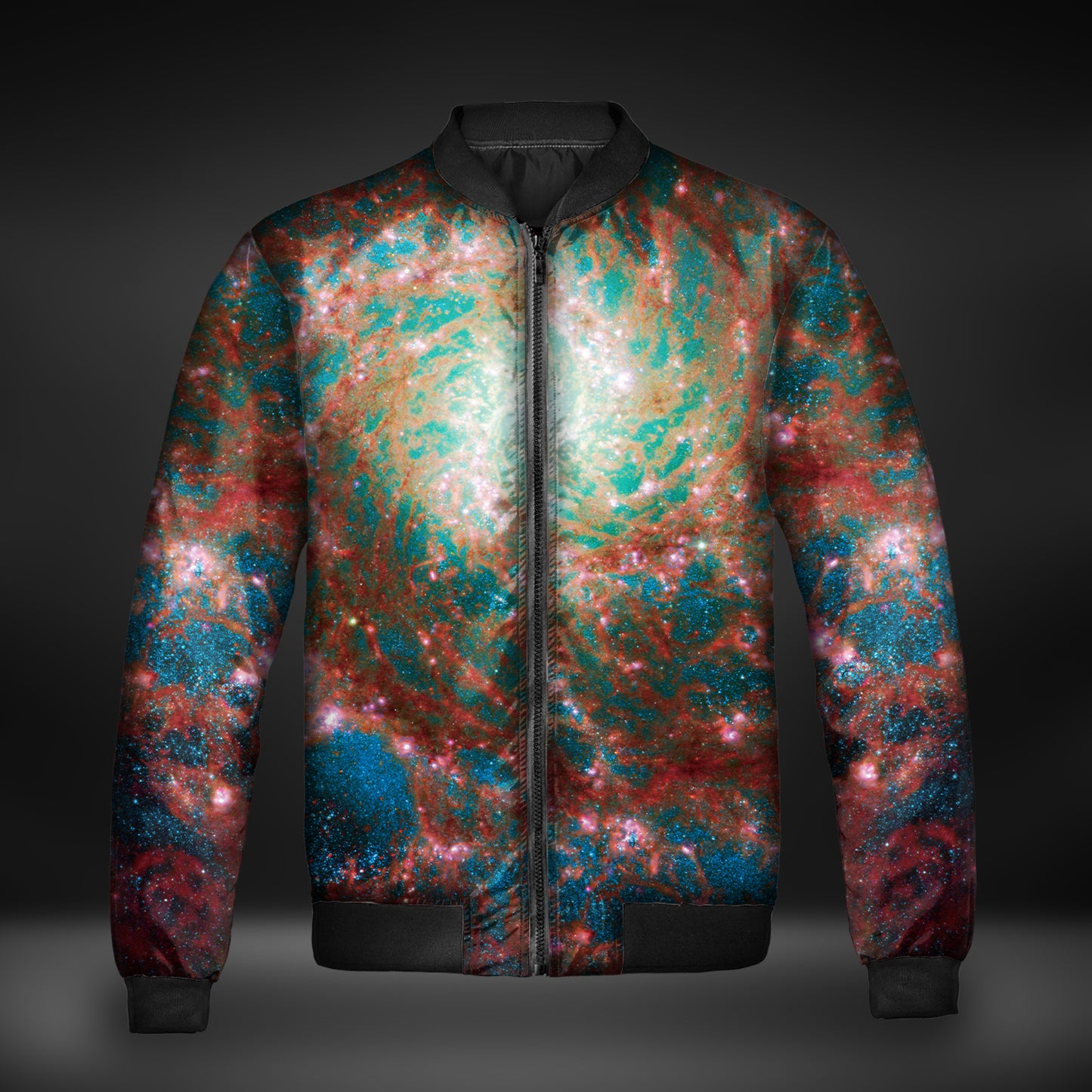 JWST Phantom Galaxy Cosmic Tye Dye Quilted Bomber Jacket (Red-Blue)