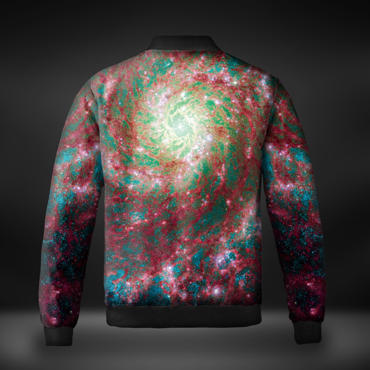 JWST Phantom Galaxy Cosmic Tye Dye Quilted Bomber Jacket (Rose-Cyan)