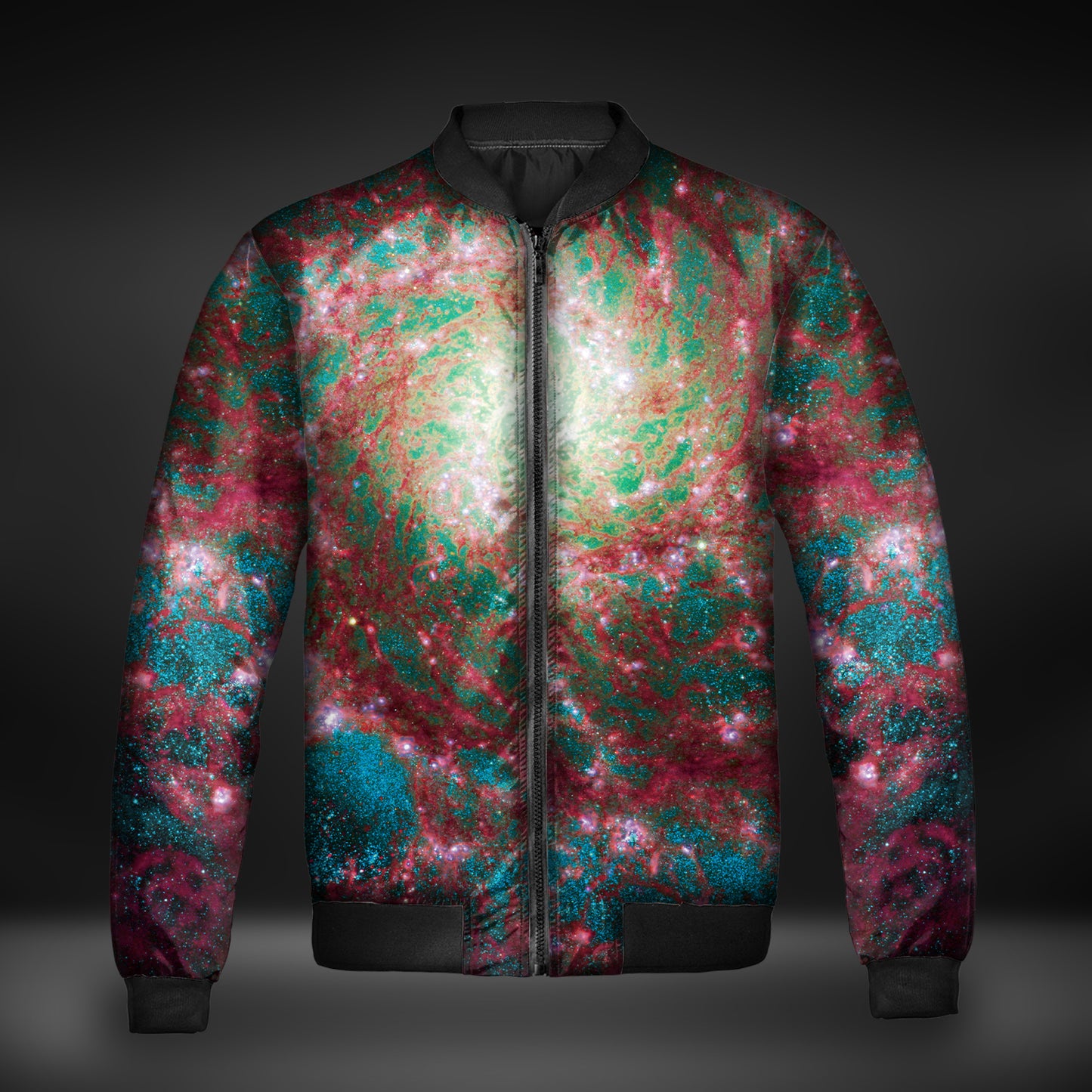 JWST Phantom Galaxy Cosmic Tye Dye Quilted Bomber Jacket (Rose-Cyan)