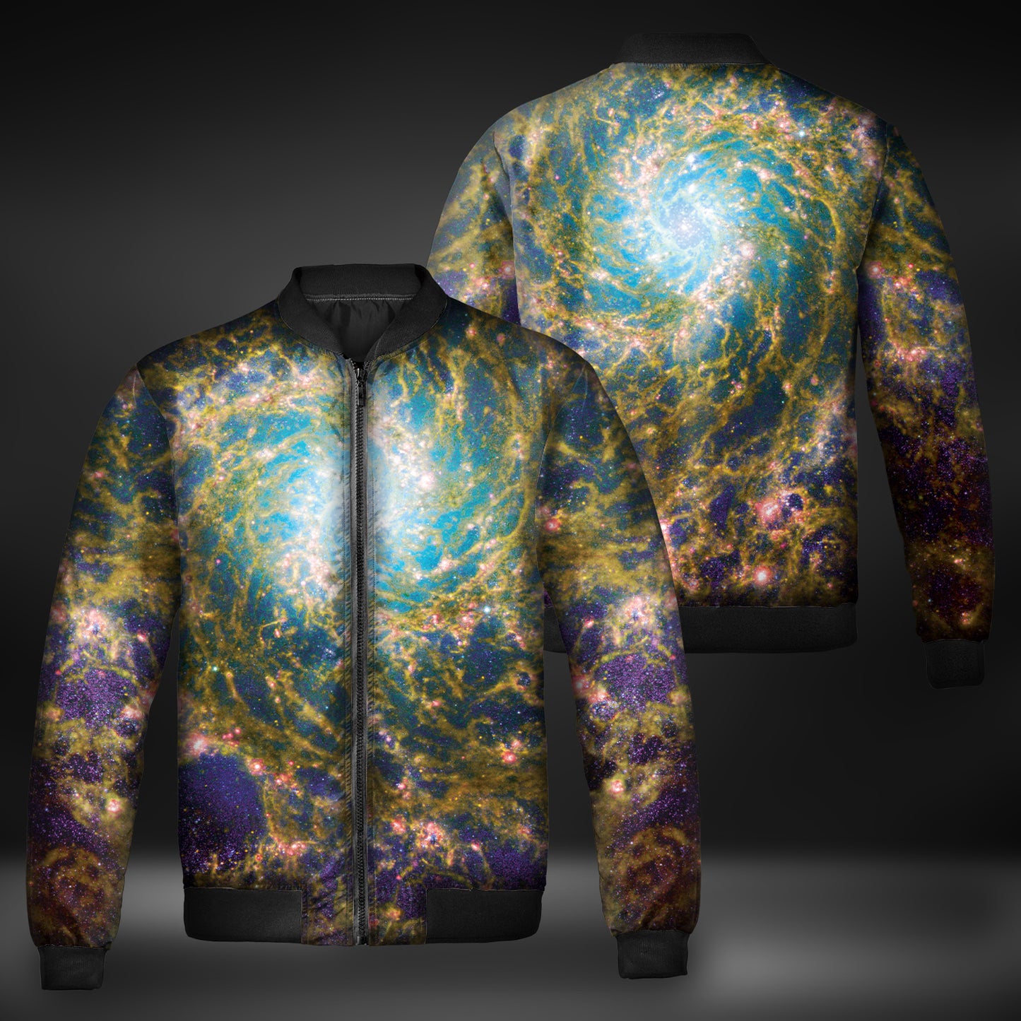 JWST Phantom Galaxy Cosmic Tye Dye Quilted Bomber Jacket (Yellow-Purple)