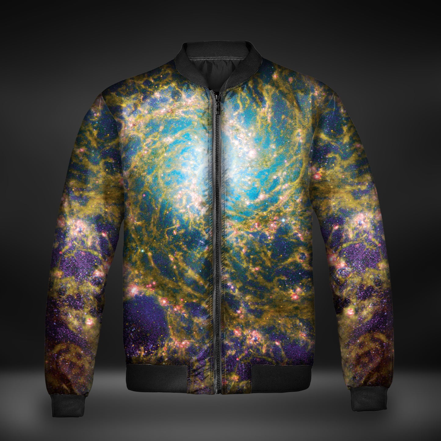 JWST Phantom Galaxy Cosmic Tye Dye Quilted Bomber Jacket (Yellow-Purple)