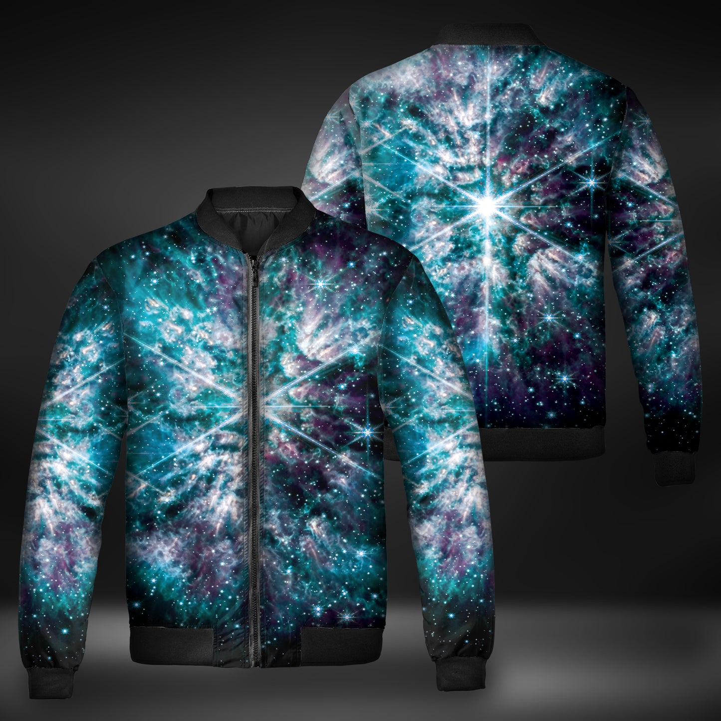 JWST Wolf-Rayet Cosmic Bloom Quilted Bomber Jacket (Blue)