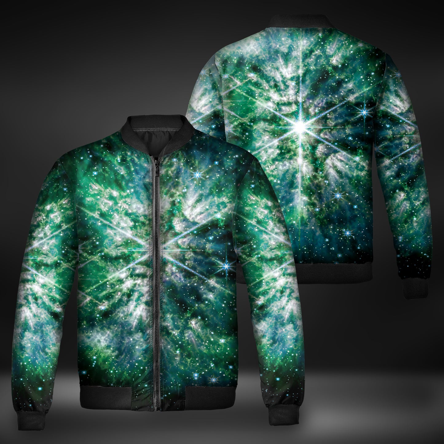 JWST Wolf-Rayet Cosmic Bloom Quilted Bomber Jacket (Green)