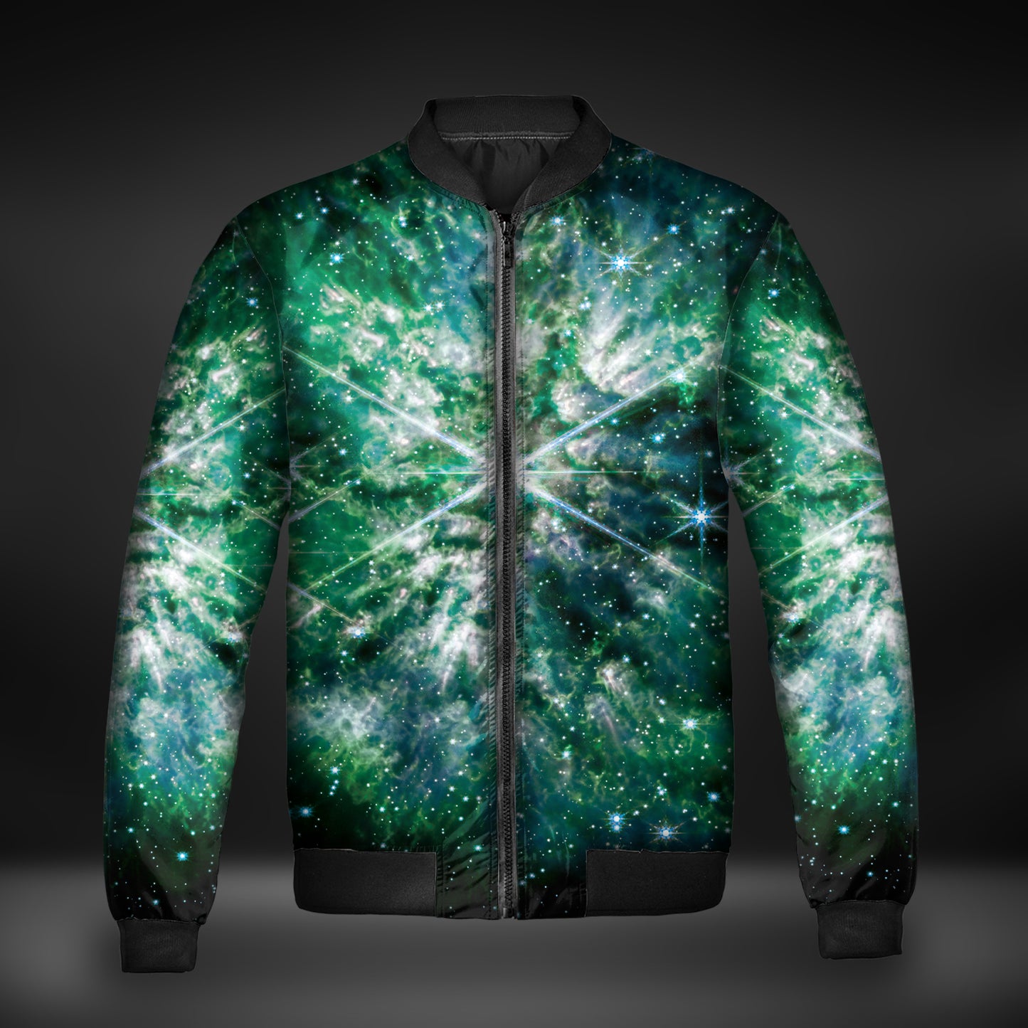 JWST Wolf-Rayet Cosmic Bloom Quilted Bomber Jacket (Green)
