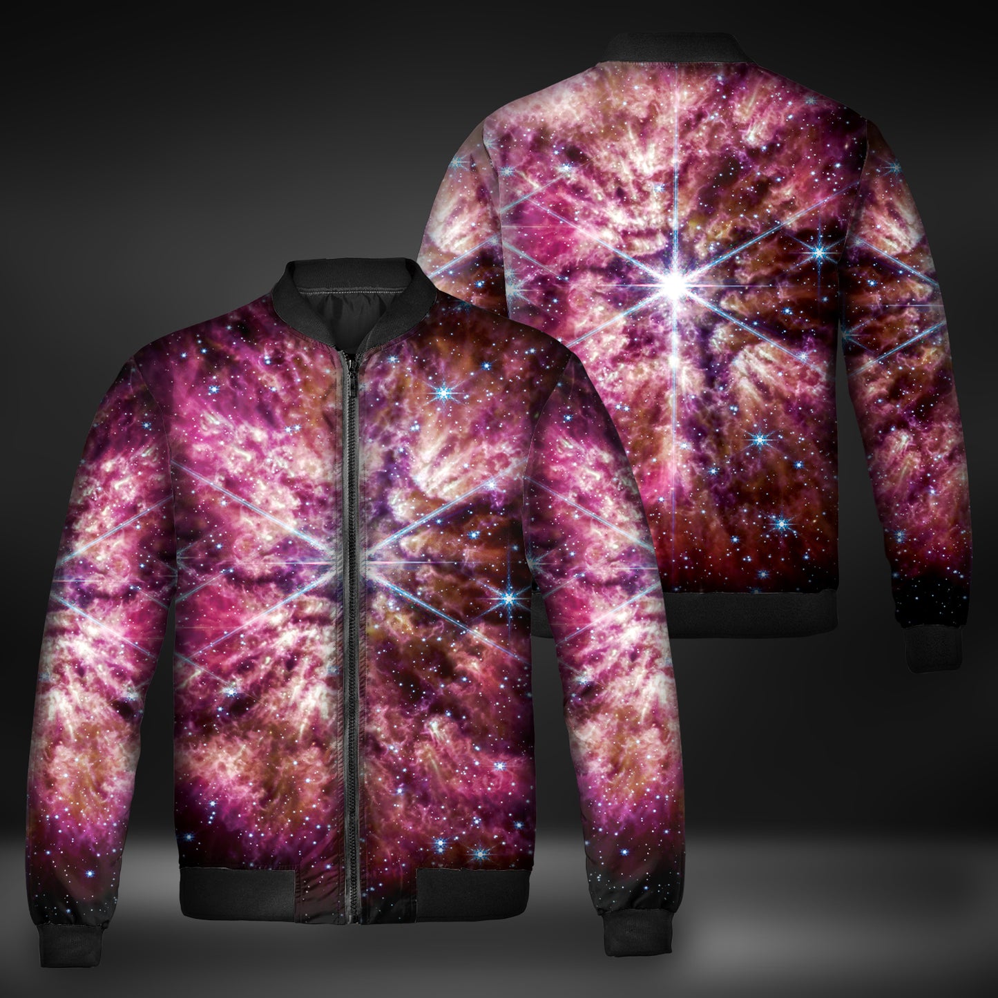 JWST Wolf-Rayet Cosmic Bloom Quilted Bomber Jacket (Pink)