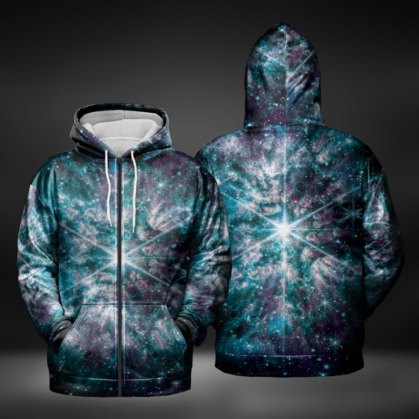 JWST Wolf-Rayet Cosmic Bloom Zip-Up Hoodie (Blue)