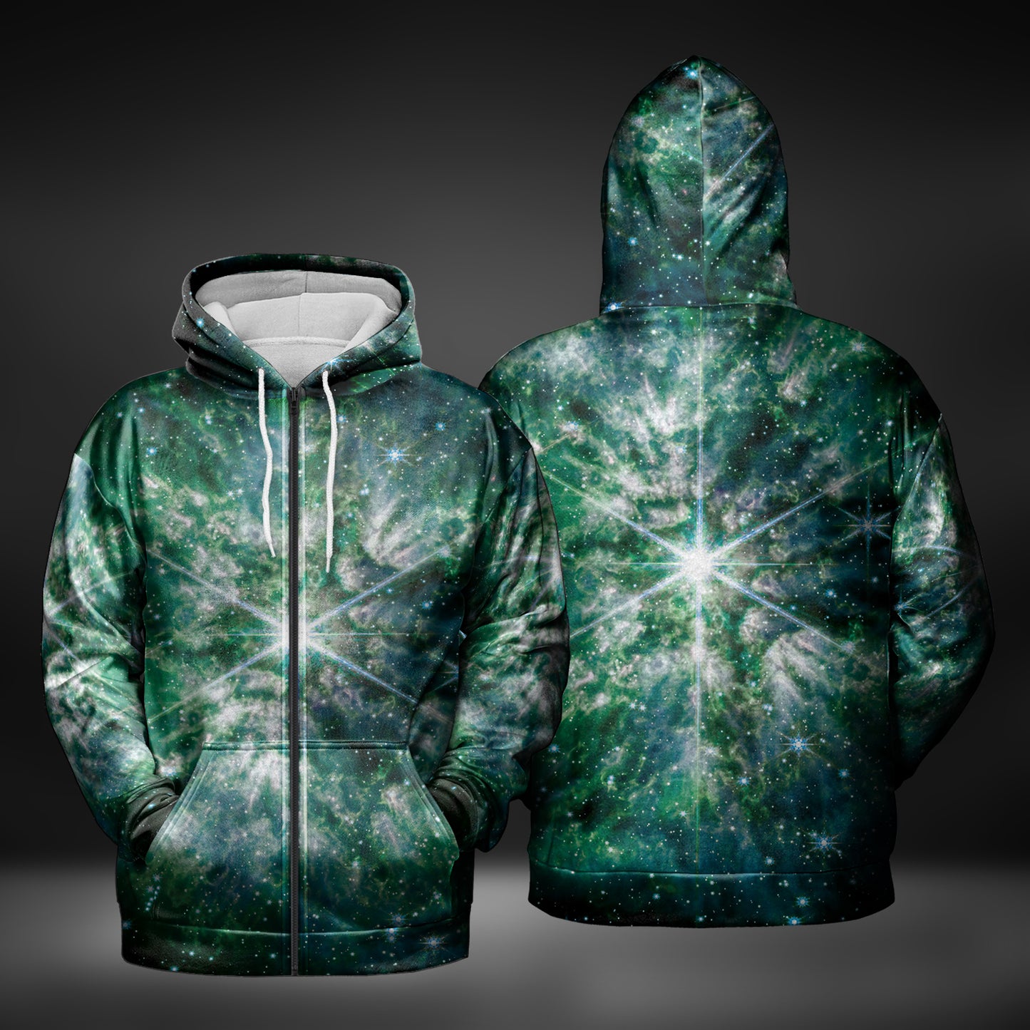 JWST Wolf-Rayet Cosmic Bloom Zip-Up Hoodie (Green)