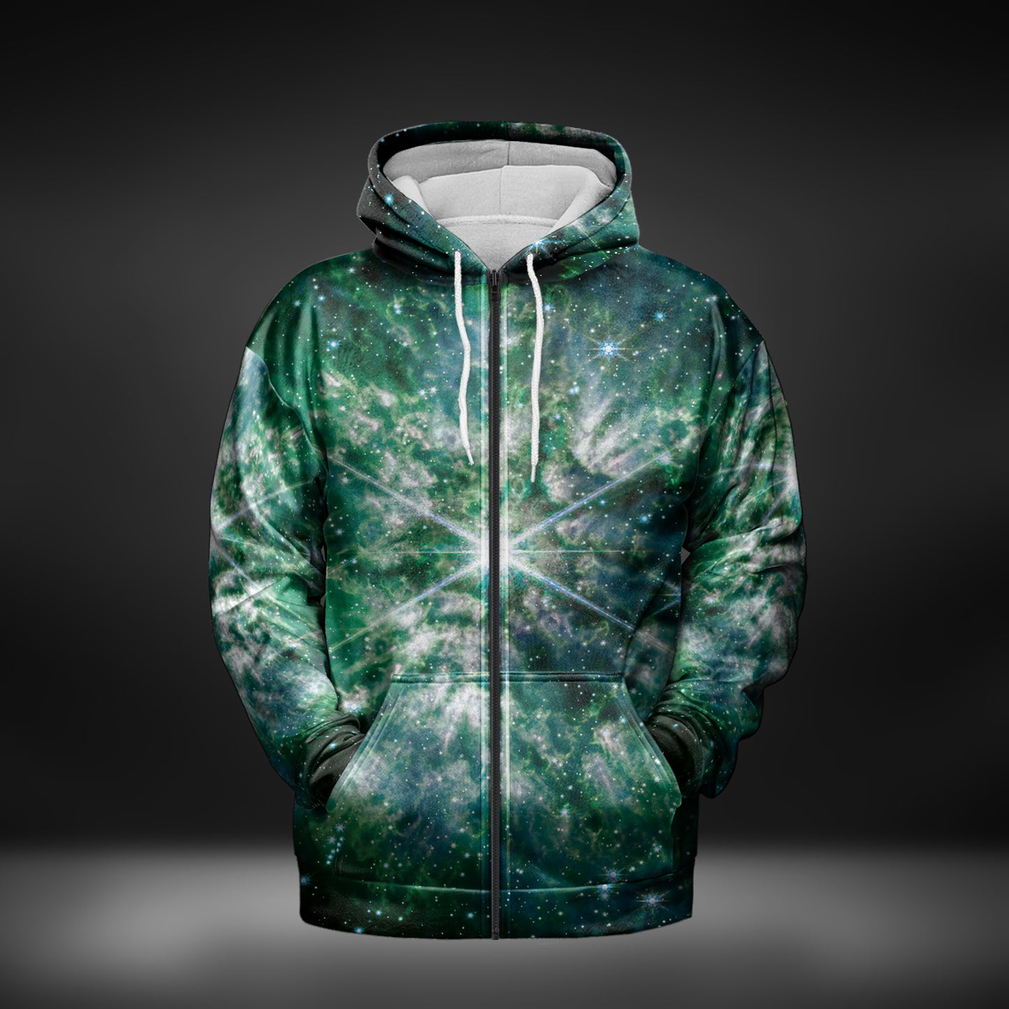 JWST Wolf-Rayet Cosmic Bloom Zip-Up Hoodie (Green)