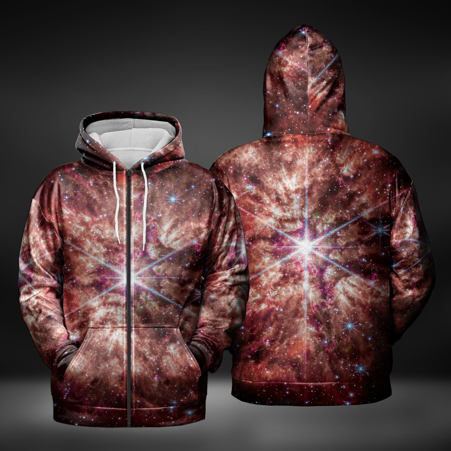 JWST Wolf-Rayet Cosmic Bloom Zip-Up Hoodie (Red)