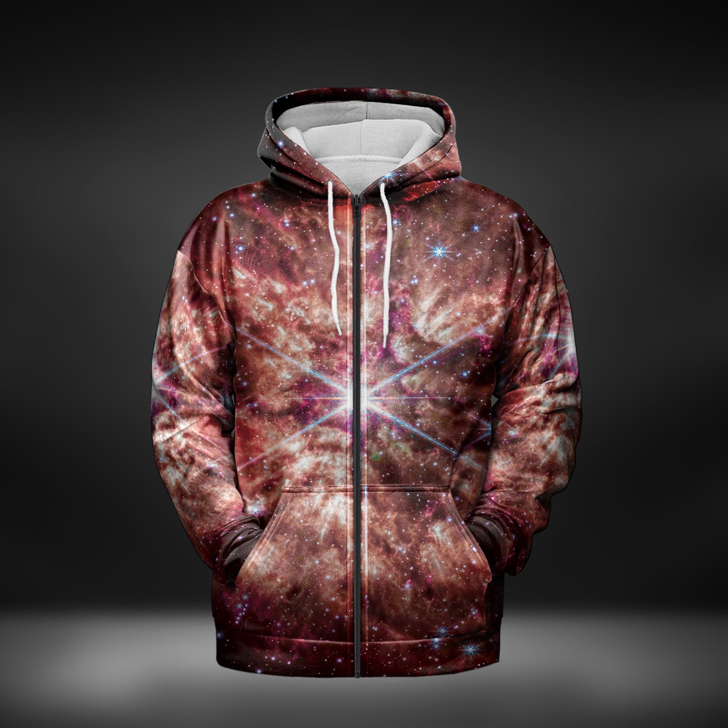 JWST Wolf-Rayet Cosmic Bloom Zip-Up Hoodie (Red)
