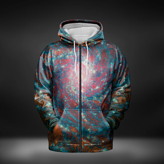 JWST Phantom Galaxy Cosmic Tye Dye Zip-Up Hoodie (Blue-Orange)