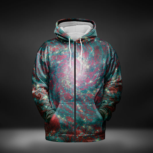 JWST Phantom Galaxy Cosmic Tye Dye Zip-Up Hoodie (Blue-Red)