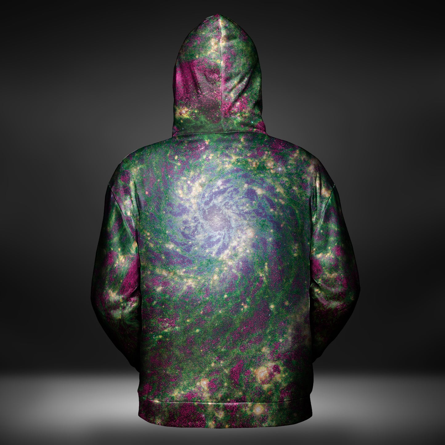 JWST Phantom Galaxy Cosmic Tye Dye Zip-Up Hoodie (Green-Magenta)