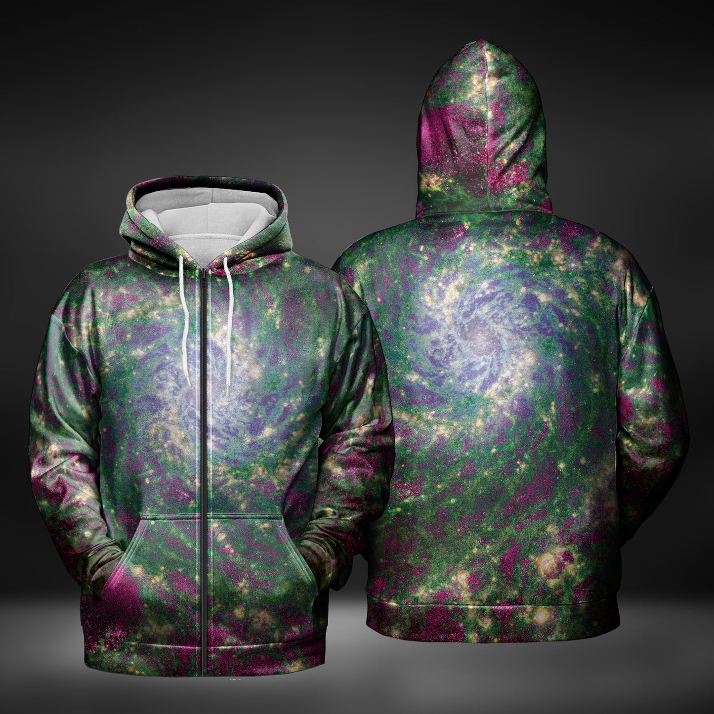 JWST Phantom Galaxy Cosmic Tye Dye Zip-Up Hoodie (Green-Magenta)