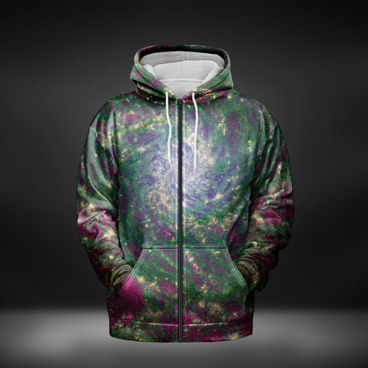 JWST Phantom Galaxy Cosmic Tye Dye Zip-Up Hoodie (Green-Magenta)