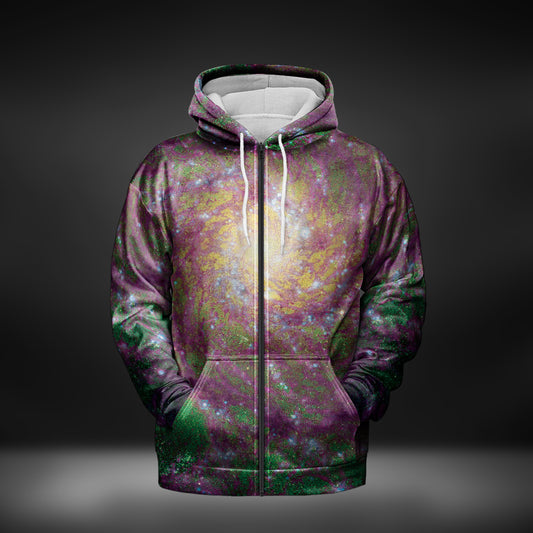 JWST Phantom Galaxy Cosmic Tye Dye Zip-Up Hoodie (Purple-Green)