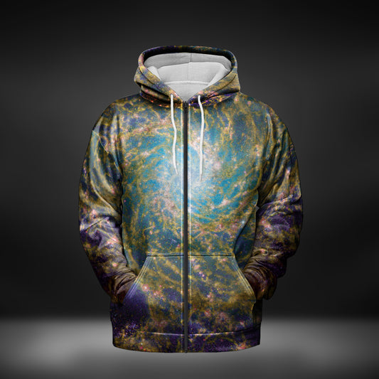 JWST Phantom Galaxy Cosmic Tye Dye Zip-Up Hoodie (Yellow-Purple)