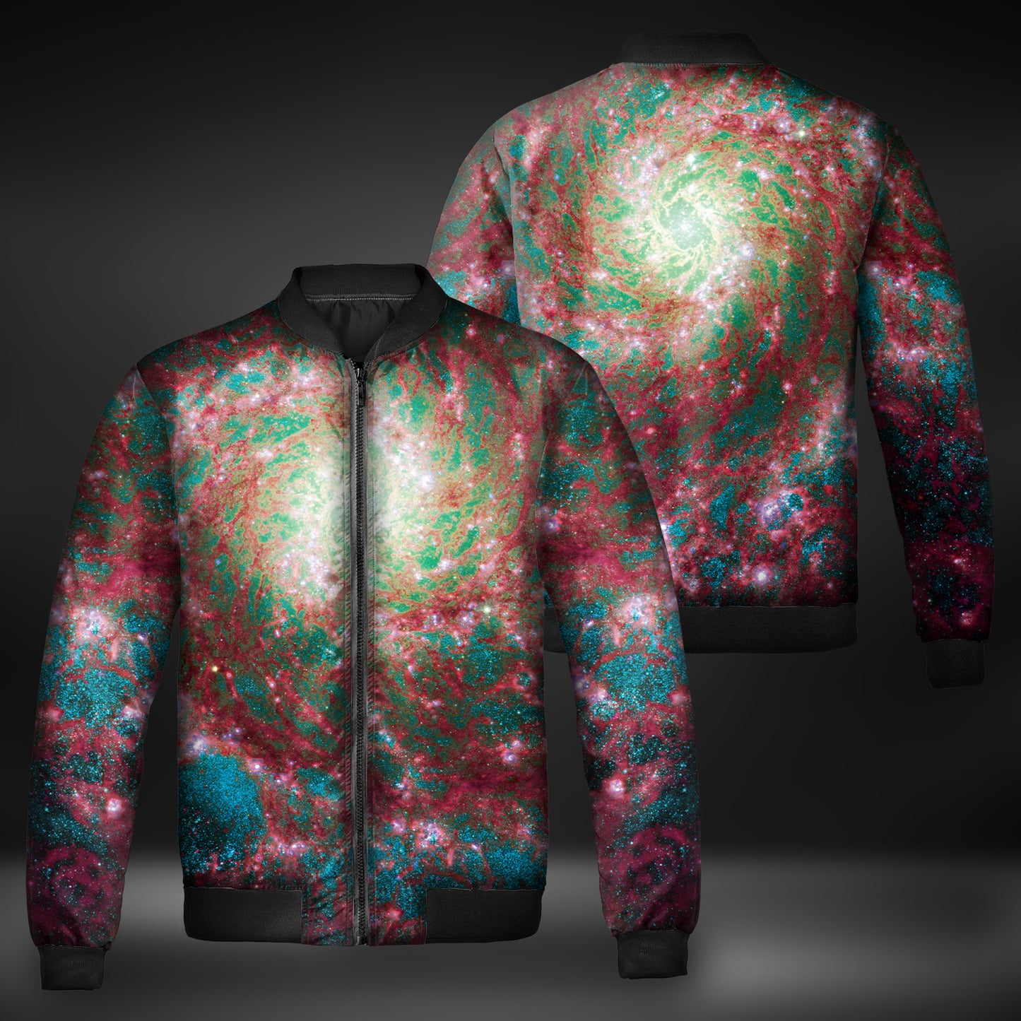 JWST Phantom Galaxy Cosmic Tye Dye Quilted Bomber Jacket (Rose-Cyan)