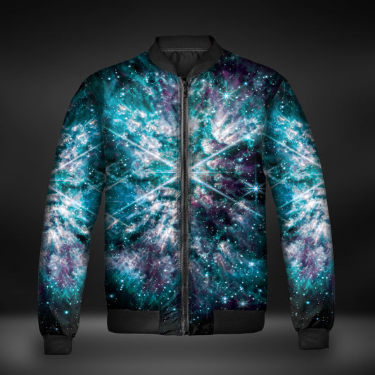 JWST Wolf-Rayet Cosmic Bloom Quilted Bomber Jacket (Blue)