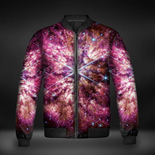 JWST Wolf-Rayet Cosmic Bloom Quilted Bomber Jacket (Pink)