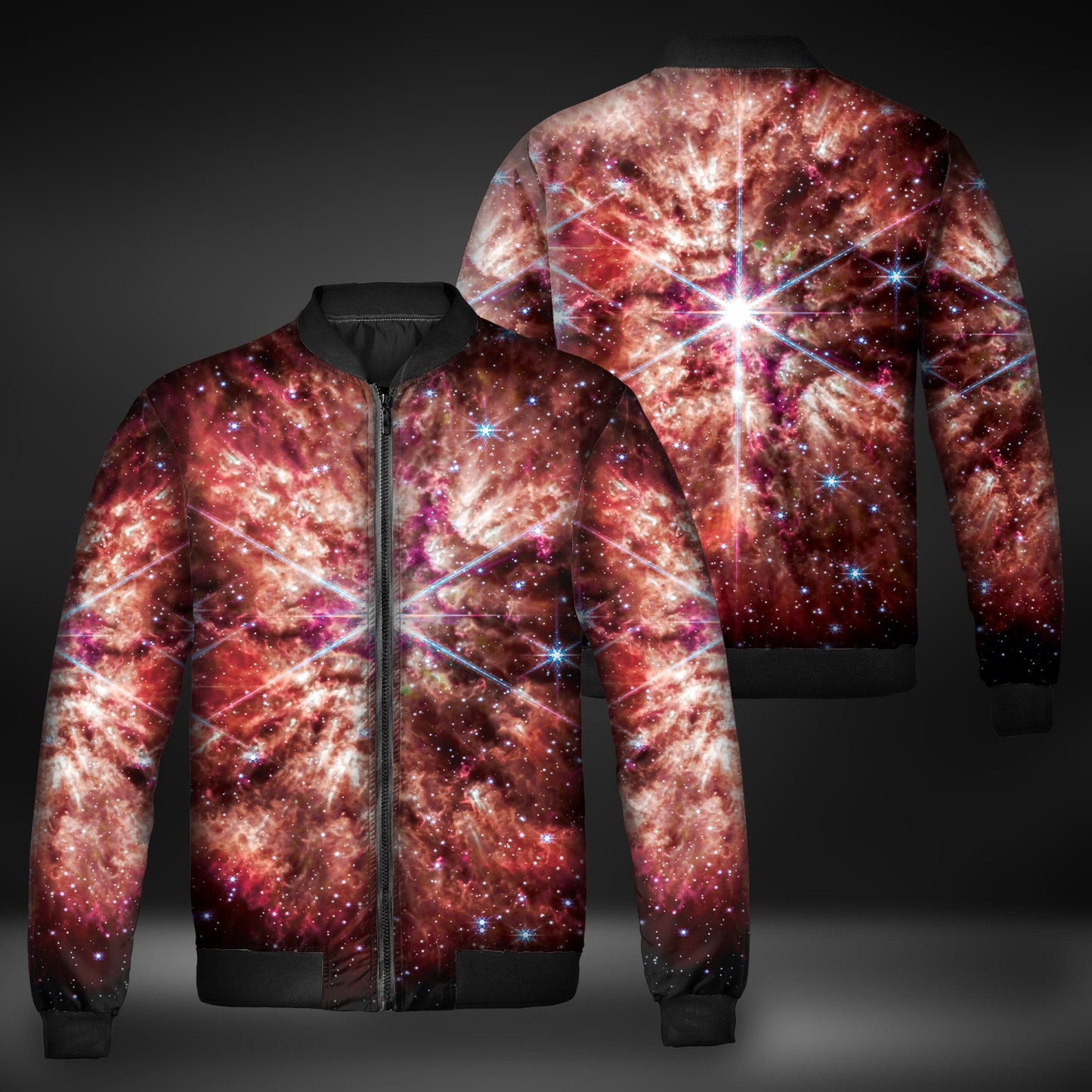 JWST Wolf-Rayet Cosmic Bloom Quilted Bomber Jacket (Red)